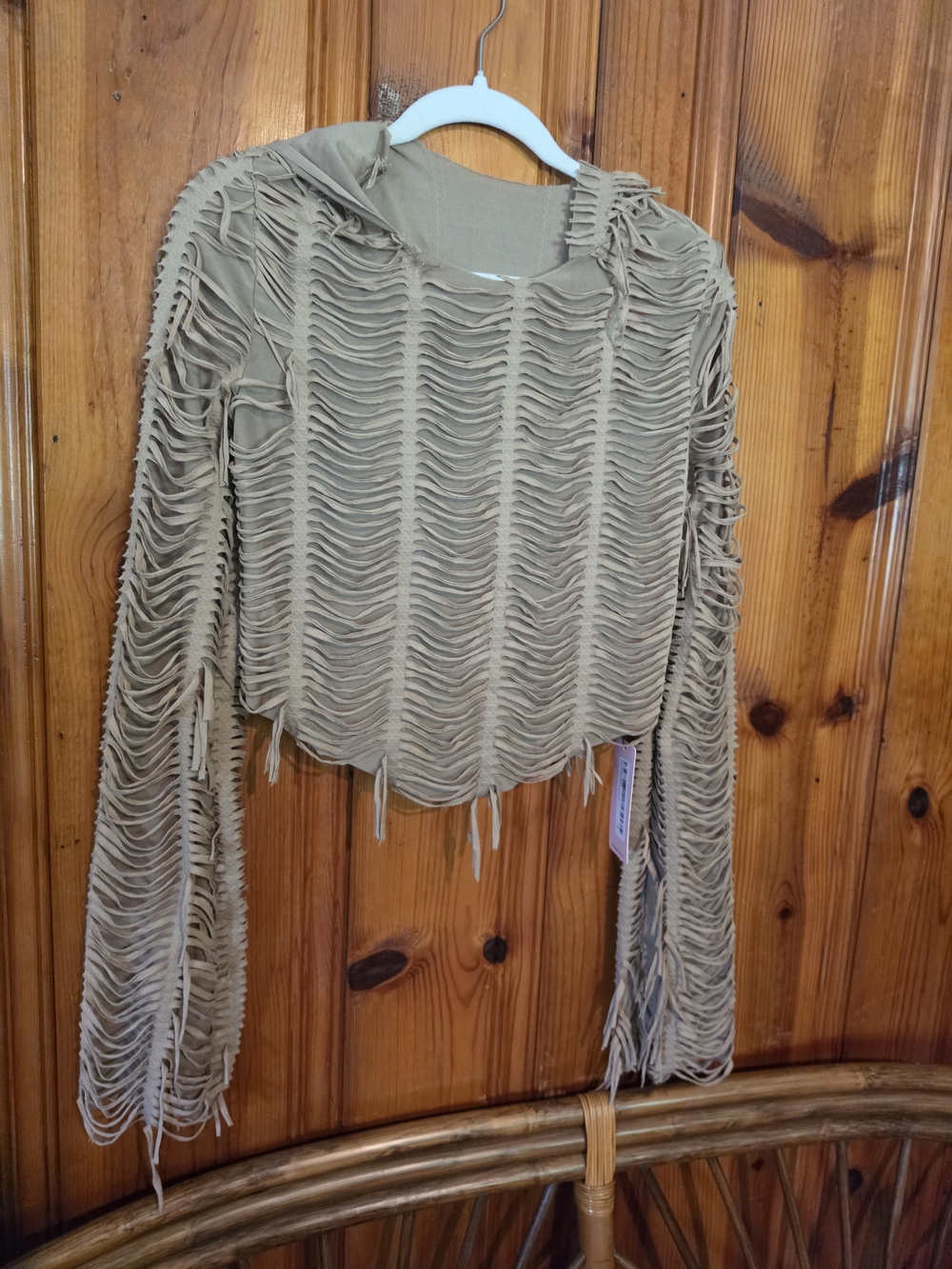 Women's Beige Hooded Fringe Knit Hoodie - Picture 16 of 16